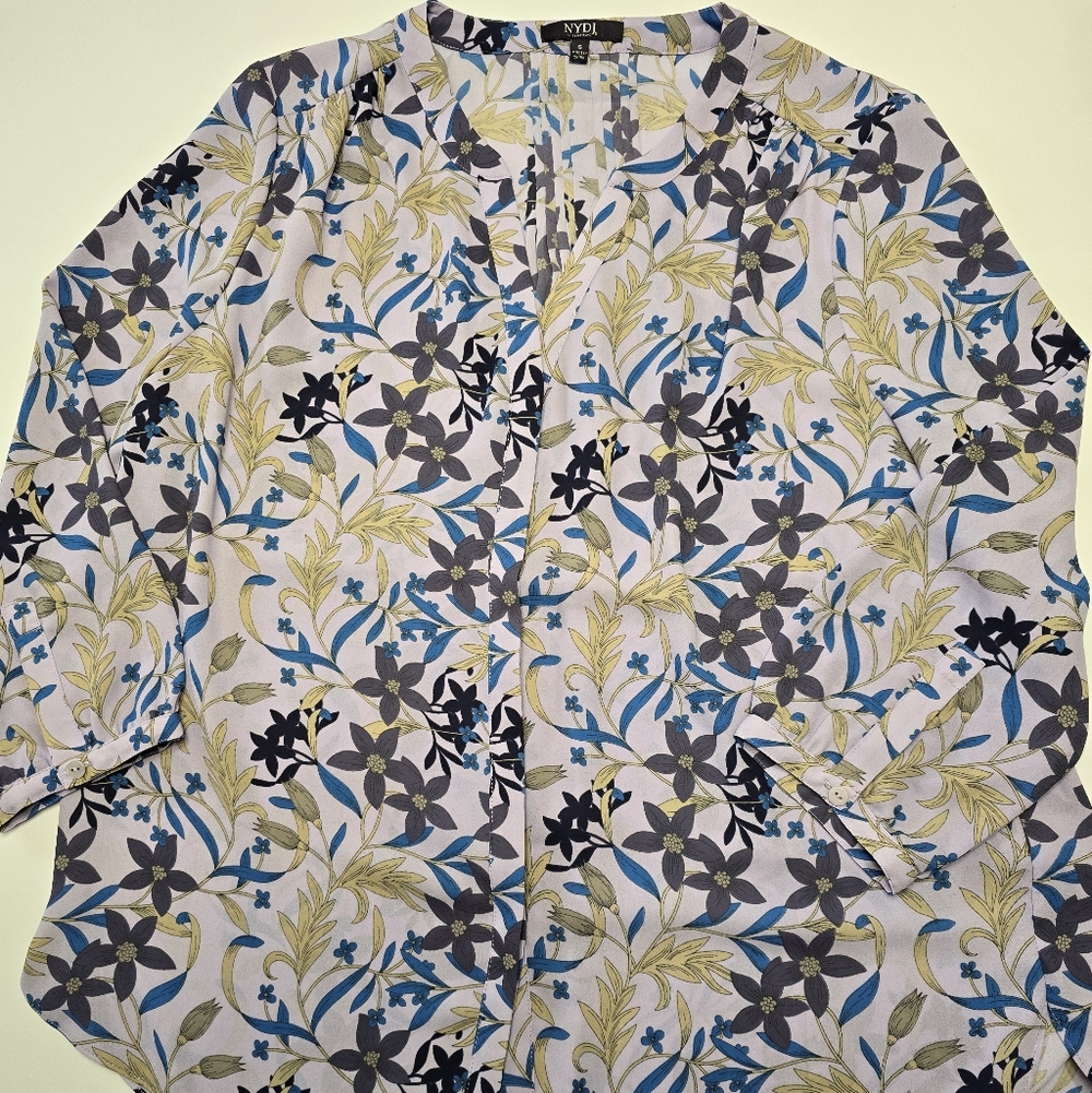 NYDJ Ladies Button Down Floral Lightweight Blouse Purple, Blue, Cream